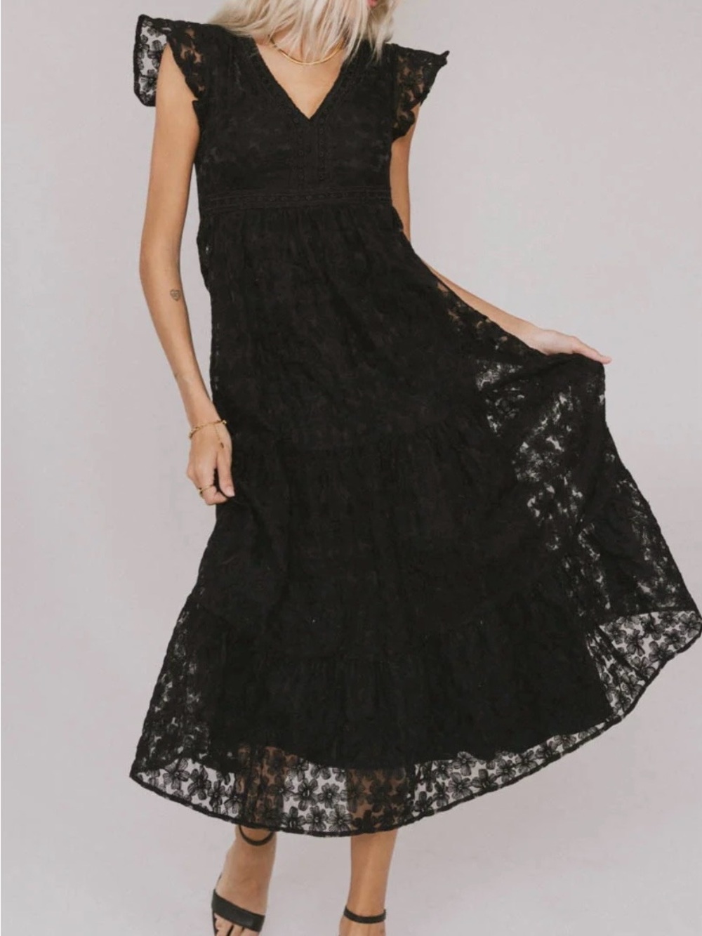 Bohme “Isn’t it Lovely” floral lace black dress Size L Midi dress Ruffles Tiered